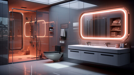 A futuristic bathroom with smart mirrors, a virtual reality shower experience, and walls that change color based on your mood