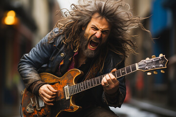 Obraz premium Vivid street musician, vexed and agitated, amidst a psychedelic display of sound waves from his guitar.