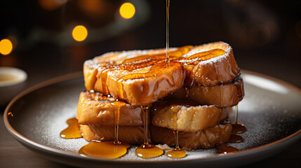 A plate of French toast with syrup being poured