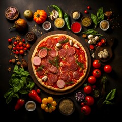Obraz na płótnie Canvas Circular frame made of fresh ingredients around delicious italian pizza over black counter Made with generative ai