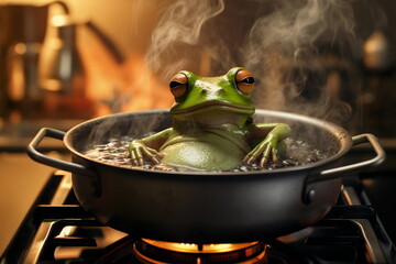 frog relaxing in a pot of hot heating water on the stove - obrazy, fototapety, plakaty