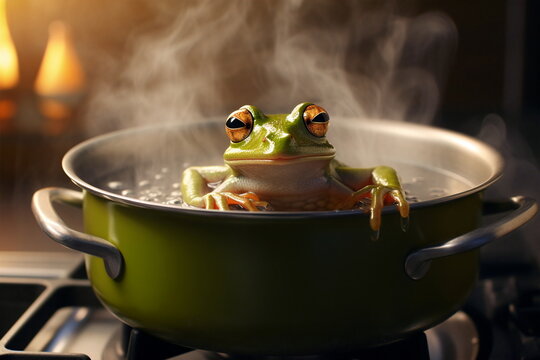 green tree frog in a pot of hot heating water on the stove
