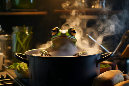 calm frog relaxing in a pot of hot heating water on the stove with ingredients around 