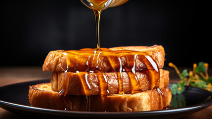 A plate of French toast with syrup being poured - obrazy, fototapety, plakaty