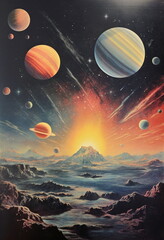planets and distant volcano in sky of alien world, vintage lithograph print on textured cream paper - obrazy, fototapety, plakaty