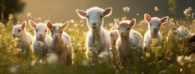 a herd of white goats grazing peacefully in a lush green meadow under the open sky. The gentle, natural light highlights their pristine white coats against the vibrant backdrop of the meadow.