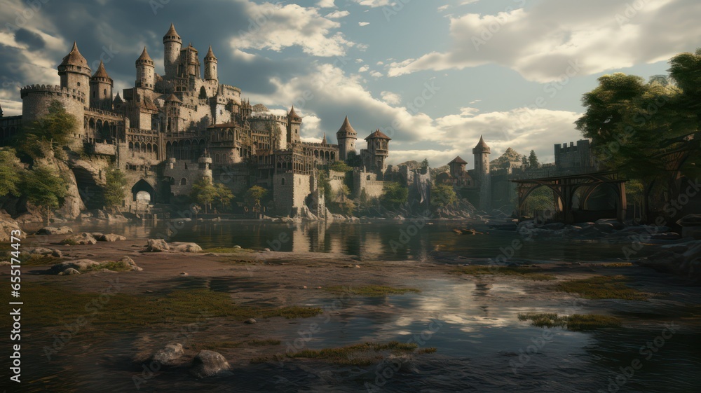 Poster big medieval castle at a lake created with generative ai