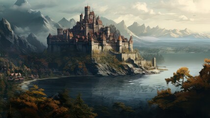 Fototapeta premium Big medieval castle at a lake created with Generative AI