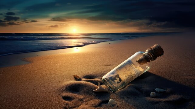 Close-up of a glass bottle on a sandy beach, caught in the ethereal glow of moonlight. Waves gently caress the shore, evoking a dreamy and romantic mood. A symbol of hope and longing, the handwritten