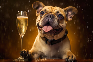 Bulldog holding a champagne glass celebrates the new year. - obrazy, fototapety, plakaty