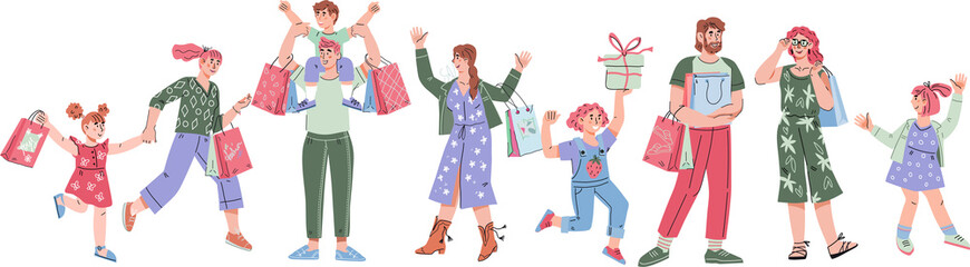 Happy buyers with family enjoy shopping experience at store sales. Happy and satisfied customers during sales and discounts.