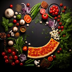 Circular frame made of fresh ingredients around delicious italian pizza over black counter Made with generative ai