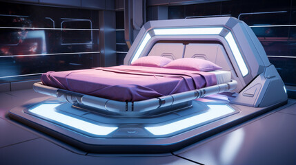 A futuristic bedroom with a levitating bed, walls that change color based on your mood