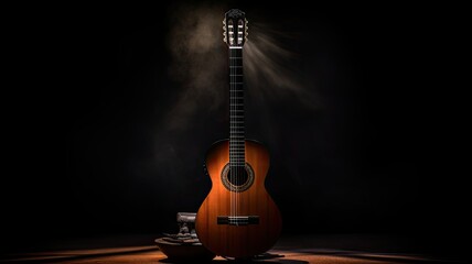 a classical guitar, dramatically lit against a deep black background, highlighting the intricate details of the instrument. The copious space to the side is perfect for adding text - obrazy, fototapety, plakaty