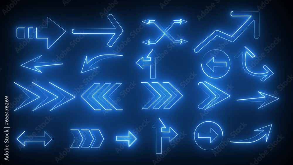 Poster arrow animation. set of glowing neon arrows animation. glowing neon arrow pointers on black backgrou