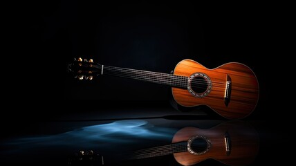 a classical guitar, dramatically lit against a deep black background, highlighting the intricate details of the instrument. The copious space to the side is perfect for adding text - obrazy, fototapety, plakaty