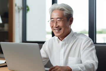 Fototapeta na wymiar Senior asian man using laptop. AI Generated.
