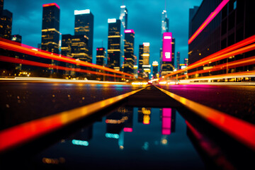 Fototapeta na wymiar Night city road. Pulse of the Metropolis. Navigating the Modern City Road. Generative AI