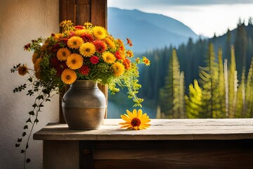 Bouquet of wild flowers in a vase on a wooden wind