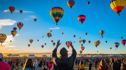 Colorful outdoor escapade: People having fun during a hot air balloon festival.