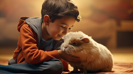 a boy sits on the floor, tenderly hugging his guinea pig. The soft expressions on both of their faces reflect the genuine affection between a child and his beloved pet. - obrazy, fototapety, plakaty