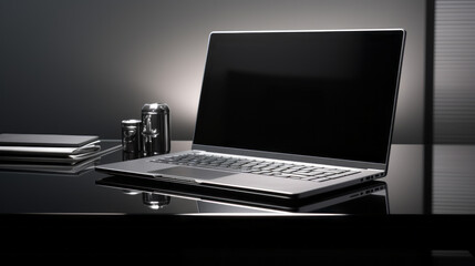 A glossy black laptop with a black keyboard and a trackpad on a black desk - obrazy, fototapety, plakaty