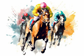 Abstract racing horse with jockey from splash of watercolors on white background. Illustration of paints. Generative AI  - obrazy, fototapety, plakaty
