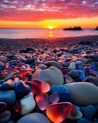 Fototapeta na wymiar sunset at the beach,sunset,water,rocks,nature,stones,landscape,sun,Ai generated 