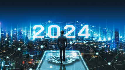 New year 2024 business man on future network night city - 655177698