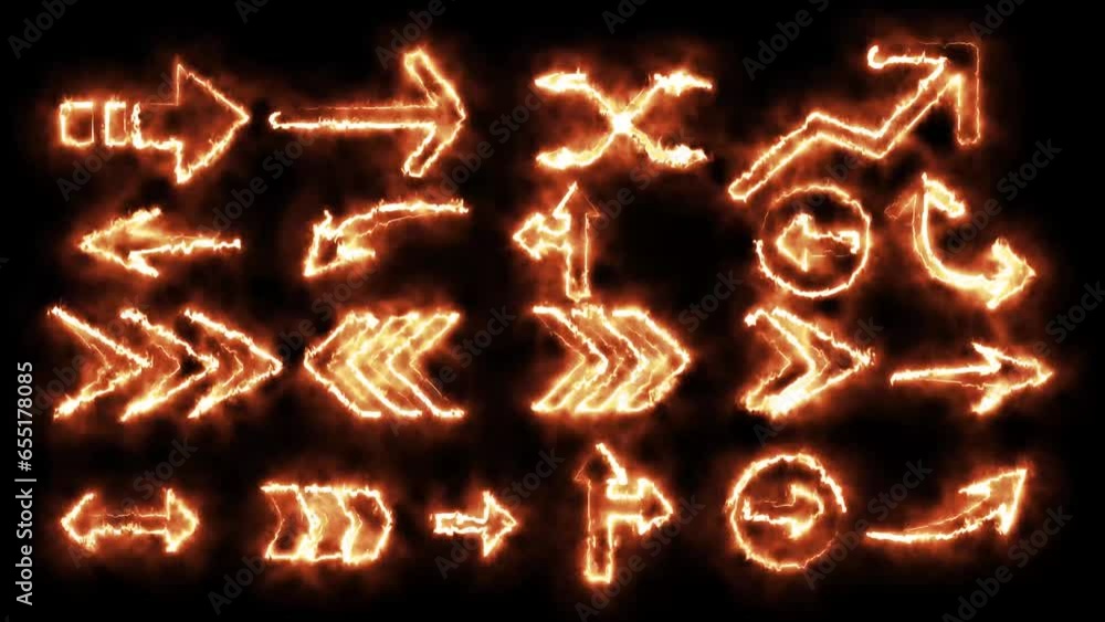 Poster fire effect arrow set animation on black background. abstract arrow loading animation.