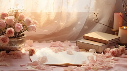 vintage, yellowed sheets of paper adorned with a beautiful bouquet of flowers. The perfect setup for a heartfelt love letter or a sentimental greeting card.