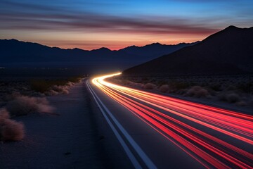 a streamlined electric vehicle leaving light trails on a desert highway, under a sky transitioning from sunset hues to the deep blues of night - obrazy, fototapety, plakaty