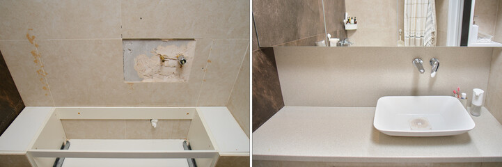 The interior of the bathroom was completely transformed after the construction work, with a new...