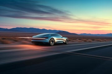 Fototapeta na wymiar a streamlined electric vehicle leaving light trails on a desert highway, under a sky transitioning from sunset hues to the deep blues of night