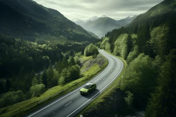 Fotobehang Reflectie a sleek electric car gracefully navigating a winding mountain pass, the lush greenery reflecting on its polished surface