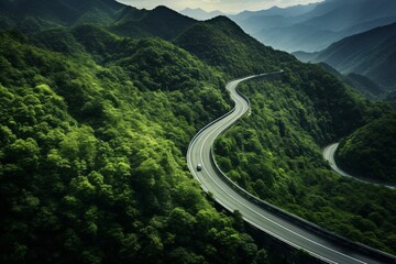 a sleek electric car gracefully navigating a winding mountain pass, the lush greenery reflecting on its polished surface