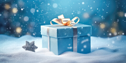 Merry Christmas and Happy New Year greeting card with Christmas gift box.