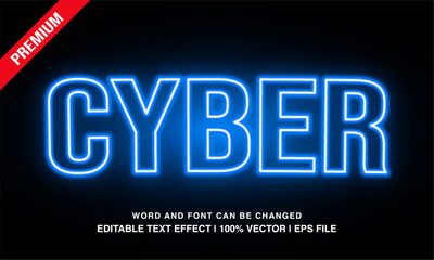Cyber editable text effect template, blue neon light futuristic style, premium vector