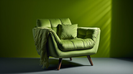 A green armchair with four wooden legs and a cream-colored cushion