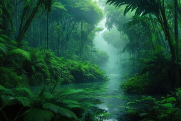 tropical rain forest in the jungle, rain forest in the morning