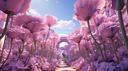 A surreal 3D garden of eustoma flowers, with rows upon rows of these beautiful blossoms in full 3D bloom, creating an atmosphere of serenity and elegance