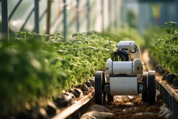 Fotobehang Agriculture robotic and autonomous car working in greenhouse smart farm © Attasit