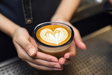 In a coffee shop, heart latte coffee cup in barista hand.