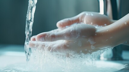 A close-up shot of a person's hands lathering up with soap under a stream of water in a sleek, modern bathroom, emphasizing the importance of proper hand hygiene.