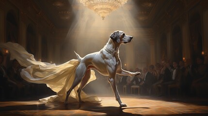 an image of a grand ballroom with a graceful Setter dog participating in a dance, epitomizing the harmony of movement and elegance