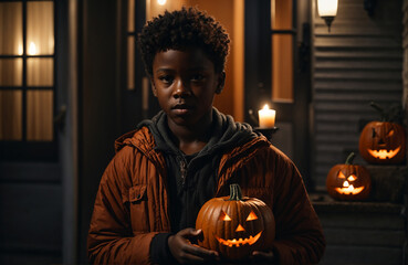 A little black boy with a carved pumpkin is clearly on his porch at night at home. Dim lighting, mystical atmosphere..