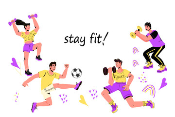 Stay fit and active banner or poster template, vector illustration isolated on white background. Stay fit advertisement for sport activity events and trainings.