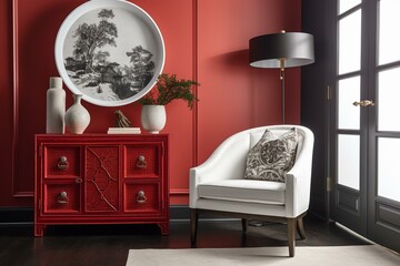 Room with red and white decor, featuring an armchair, picture, vase, and cabinet. Generative AI