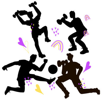 Black silhouettes people performing various Sports activities, vector illustration isolated on white background. Men and women outline images doing sports.