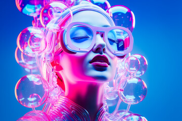 Portrait d'une femme avec lunette dans une ambiance bleue futuriste avec des bulles